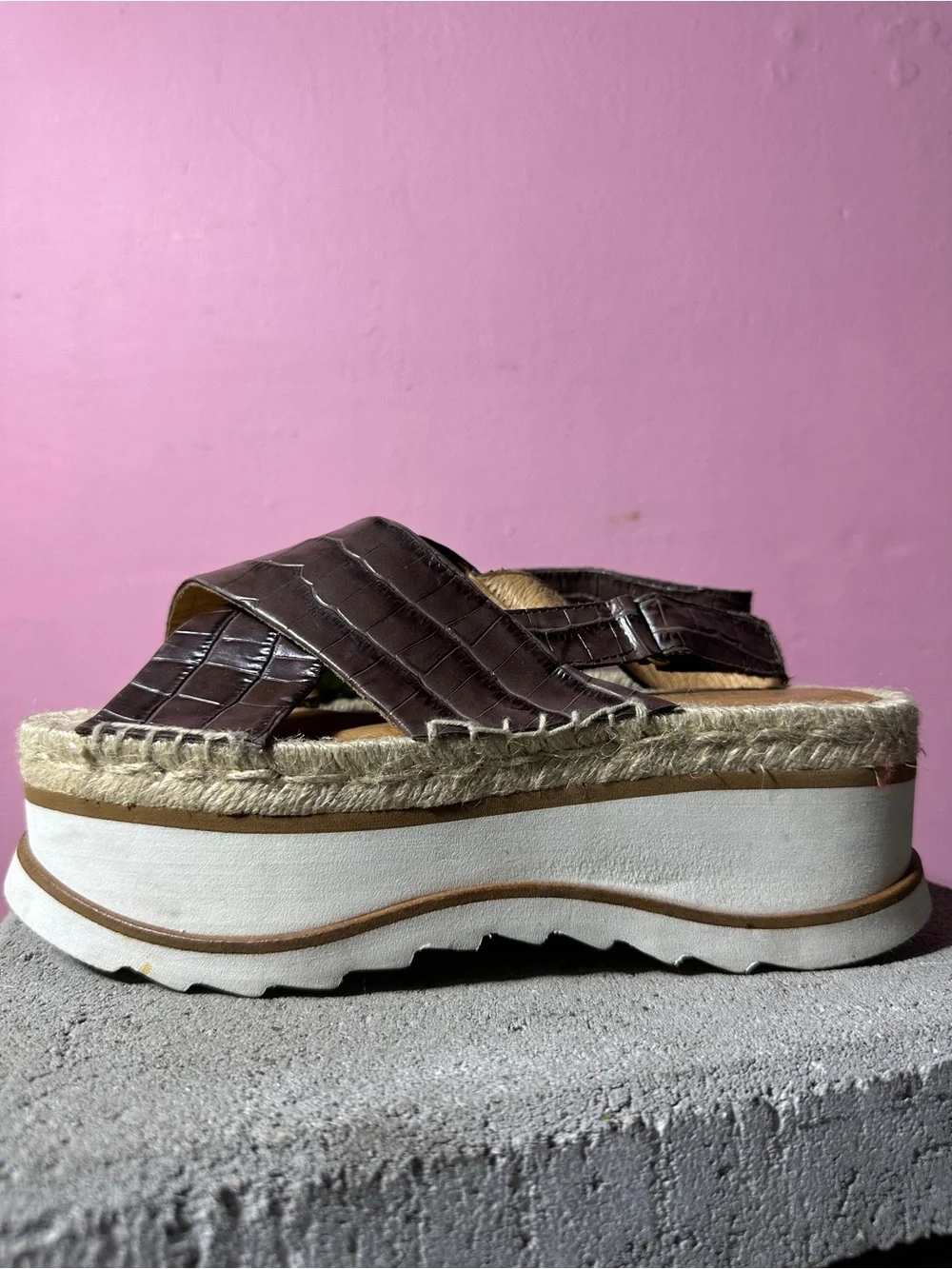 Jeffrey Campbell Brown Croc-Embossed Platform Espadrille Slides